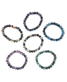 Assorted marbled Genuine Stone round beads on elastic Bracelet 