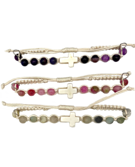 Assorted stone beads on white macrame Bracelet with white Cross