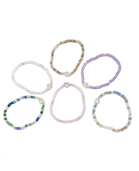 6 Assorted elastic beaded Bracelet with Crystal Heart charm