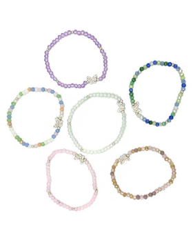 6 Assorted elastic Beaded Bracelet with Crystal Butterfly charm