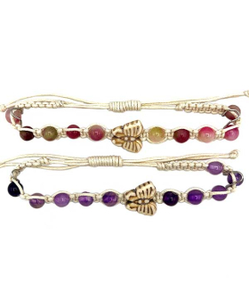 Pink and Purple assorted genuine stone beads and Butterfly macrame Bracelet
