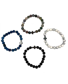 Assorted Genuine Stone beads with Cross on elastic bracelet 