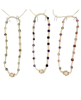 White Macrame Necklace with assorted round Stone beads and white Turtle bead