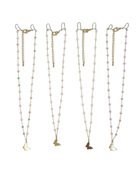 Assorted small faceted beads on delicate Gold chain Necklace with Gold Butterfly dangle