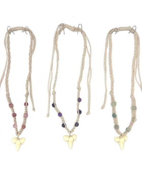 3 Assorted Beaded Resin Shark Tooth Necklace on tan cord