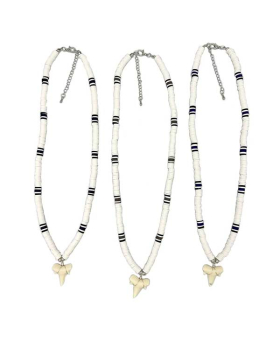 White Fimo beads with assorted accent colors and Resin Shark Tooth Necklace