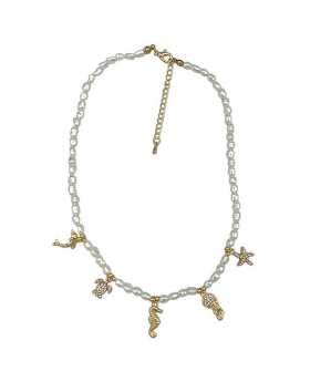 Pearl Necklace with crystal and gold Sealife charms