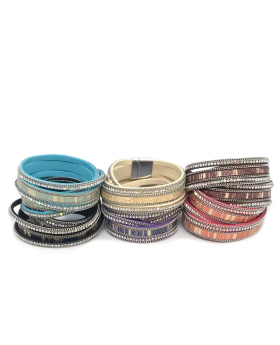 Leather, Rhinestone, chain and silver clasp wrap bracelet
