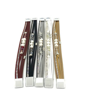 5 Strand Leather/Pearl/Rhinestone bracelet with silver clasp