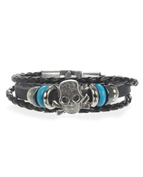 Skull 3 Strand Woven Leather Bracelet
