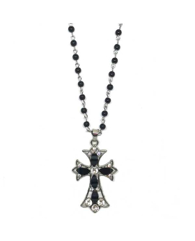 Decorative silver cross with black oval rhinestones on black beaded silver chain