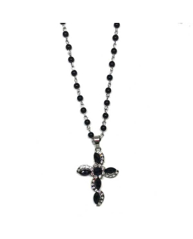 Cross necklace with oval black rhinestones and small clear rhinestones on black beaded chain