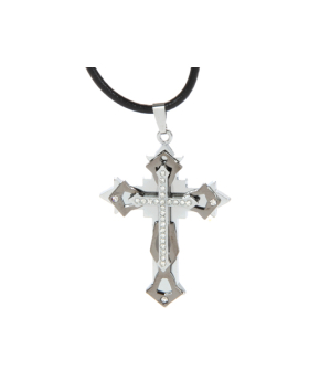 Rhinestone Steel Cross Leather Necklace