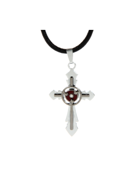 Steel Cross Black Leather Cord Necklace