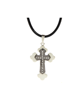 Rhinestone Steel Cross Leather Necklace