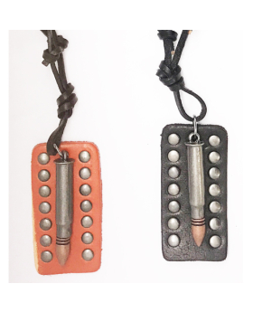 Studded Leather Dog Tag Bullet Necklace