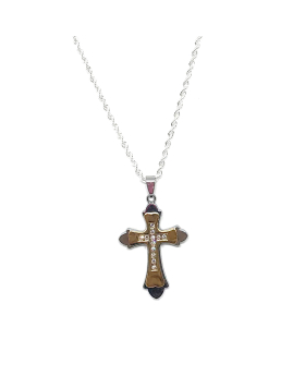Silver and gold cross with rhinestones on a silver rope chain necklace