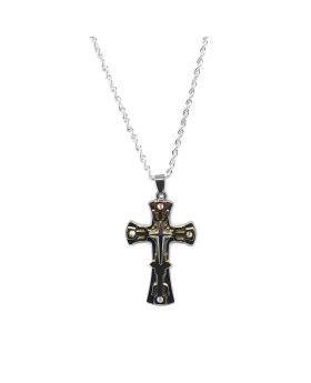 Decorative gold and silver cross necklace on a silver rope chain 
