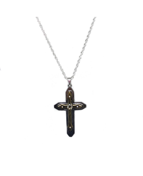 Large silver and gold cross with circle of rhinestones on silver rope chain necklace