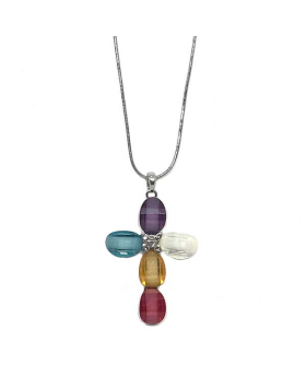 Multi colored cross with crystal center necklace