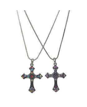 Silver decorative cross with assorted colored rhinestones necklace