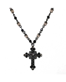 Decorated black cross with black and amber colored bead chain necklace
