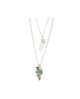 Double Row Crystal Point Feather Turquoise Necklac