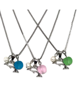 Silver Dolphin necklace with bead and pearl / 3 assorted colored beads