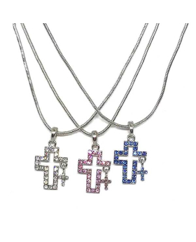 Rhinestone cross with small rhinestone cross attached necklace in assorted colors