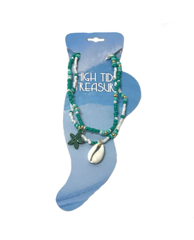 Set of 2 stretch beaded anklets with shell and starfish charm