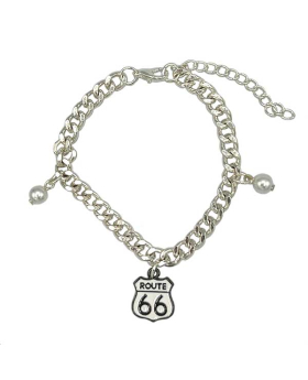 Heavy Silver Chain Bracelet with two Pearl dangles and Route 66 charm
