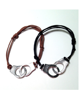 Leather bracelet with silver handcuffs