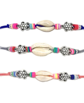 Assorted string bracelets with cowrie shells, multicolored beads and small silver turtle beads