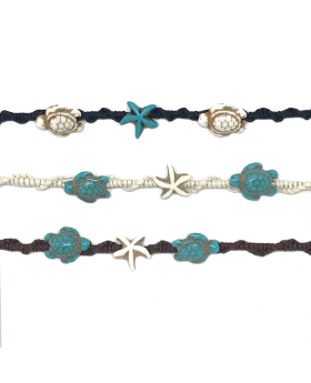 3 assorted macrame bracelets with turquoise  and white colored turtle and starfish beads