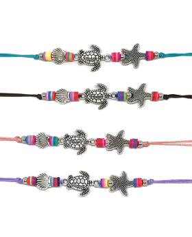 Bracelet with assorted string, colorful beads and silver Turtle and Starfish beads