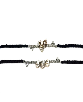Black or brown macrame bracelet with shells and silver mermaid beads