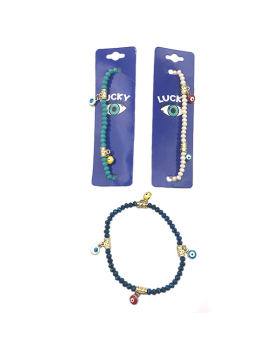 3 Assorted stretch beaded bracelet with dangle Lucky Eye beads