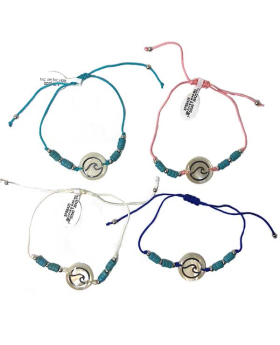 4 Assorted adjustable string Bracelets with Wave design on white disc