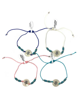 4 Assorted adjustable string bracelets with Turtle design on white disc