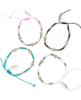 Adjustable assorted string Bracelet with 3 small Silver Turtles and seed Beads