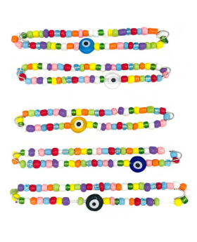 Multicolor beads on elastic Bracelet with assorted large Lucky Eye Glass Bead