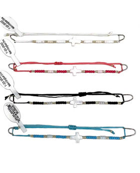4 Assorted beaded adjustable string Bracelets with a White Cross bead