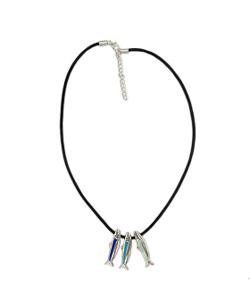 Three Fish charms on black cord Necklace