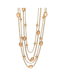Long Gold 4 strand Necklace with assorted sized Peach crystal stones  Closeout