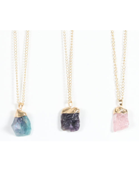 Asst Gemstone Crystal Necklace Gold Finish