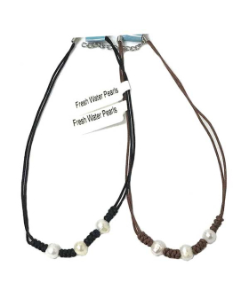 3 Pearls on black or brown leather cord necklace