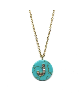 Rhinestone Initial on a teal disk with gold chain necklace