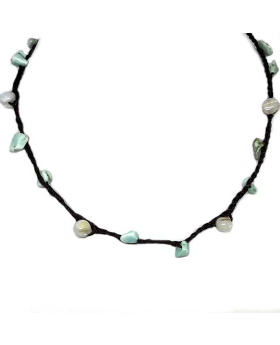 Brown braided string with white and green shell beads and silver button closure