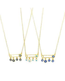 3 Assorted Evil Eye beads on gold safety pin bar Necklace