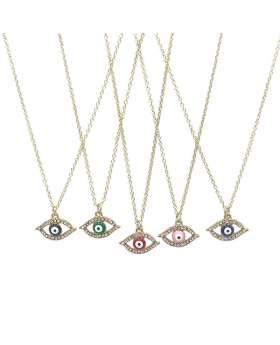 5 Assorted eye shaped Evil Eye bead surrounded by rhinestones on gold chain necklace